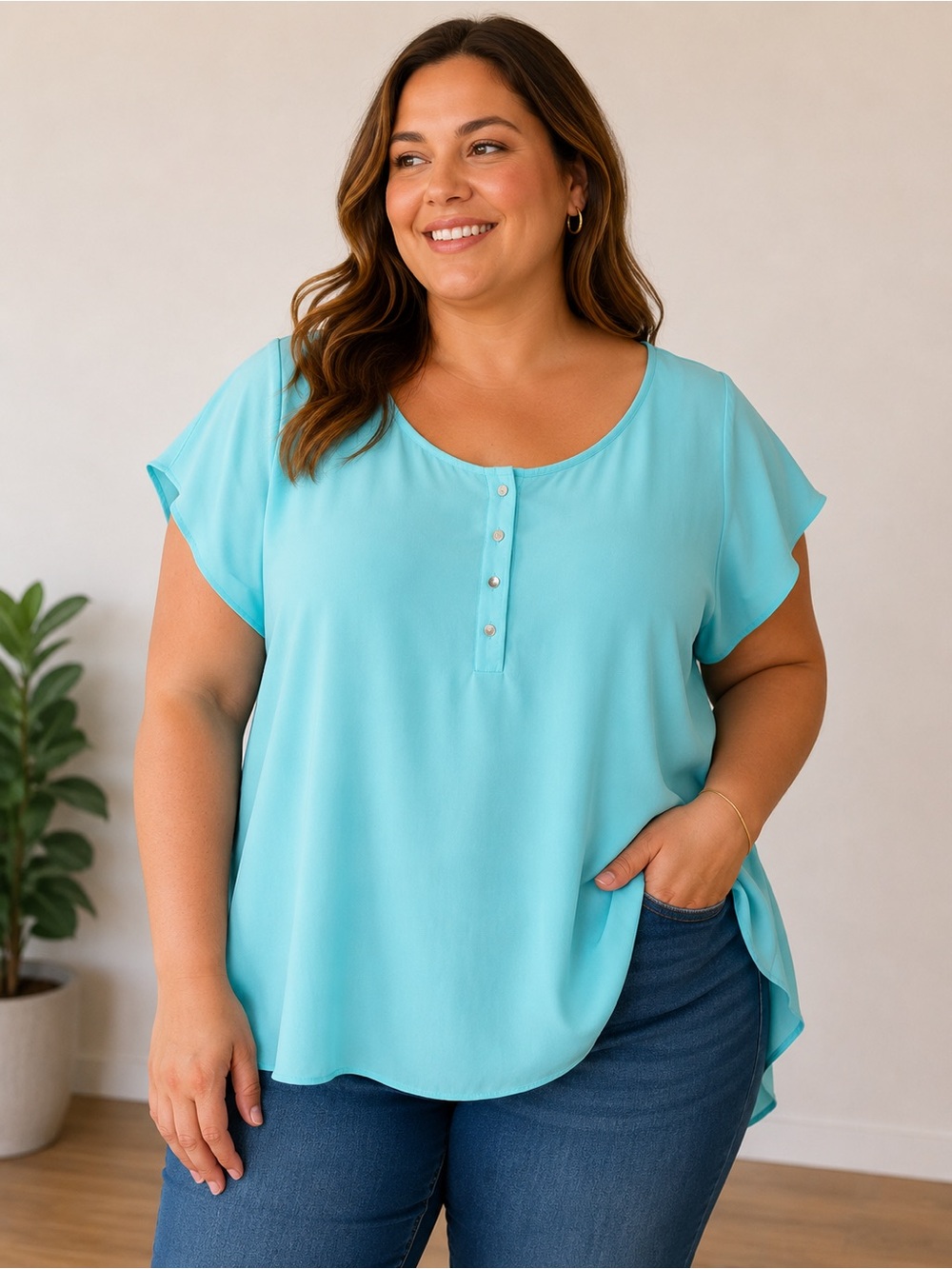 Reitmans Aqua Blue Flutter Sleeve Blouse – Size 2X
